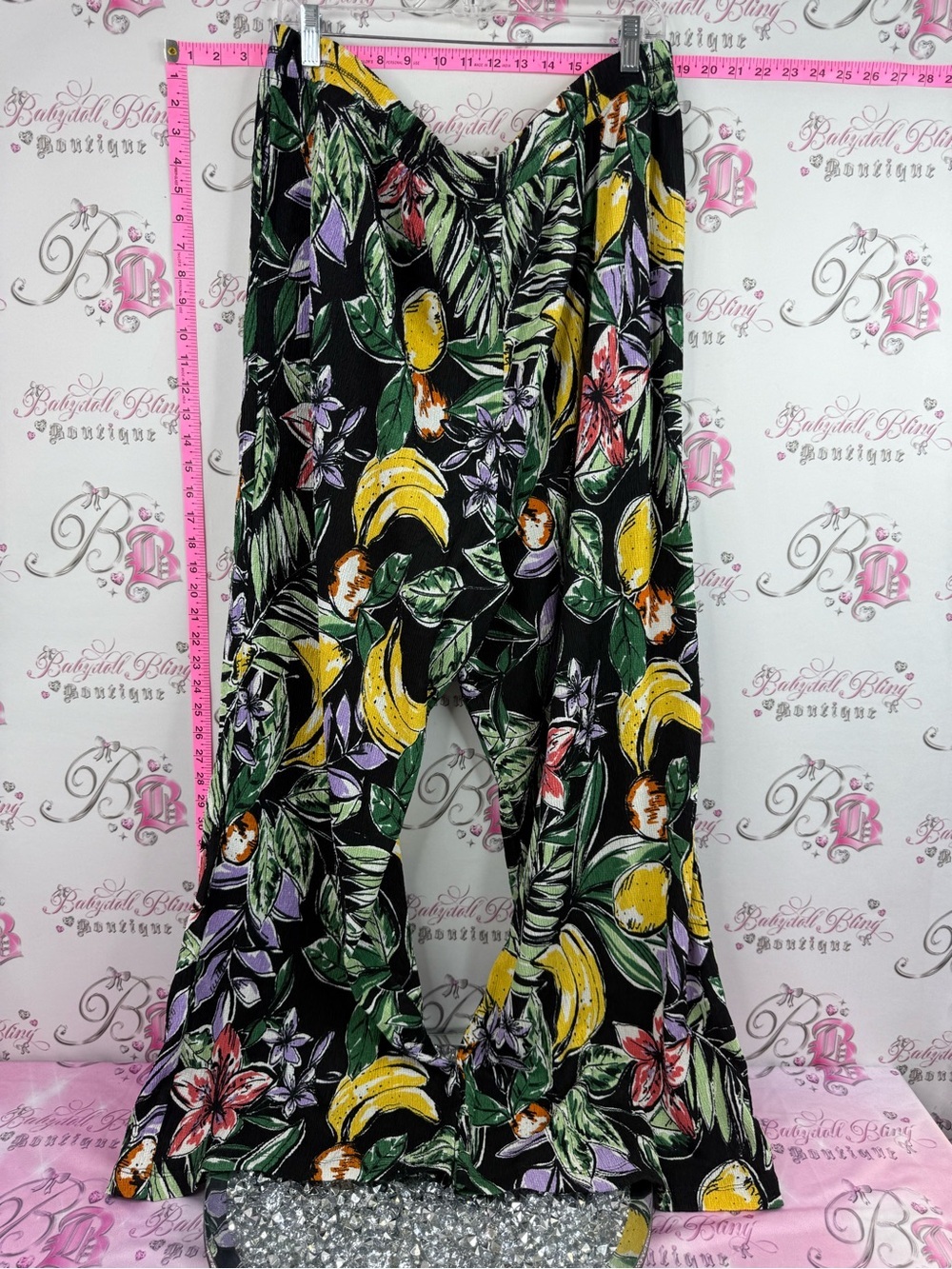 Pants wide leg fruit print tiki Black Tropical Banana Print Wide-Leg Pants